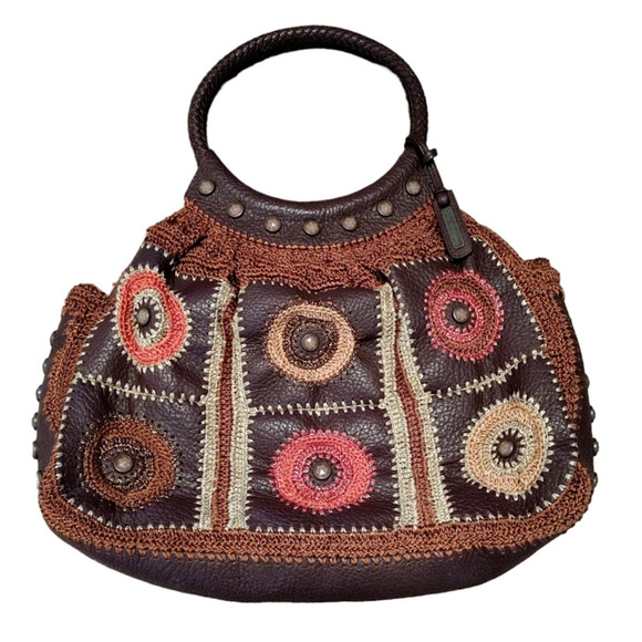 Isabella Fiore Handbag Leather Brown Multi-Color Jeweled Embroidered Crocheted
